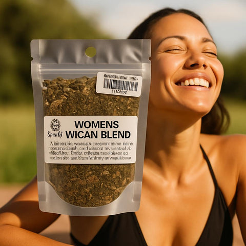 Woman smiling outdoors with a package of 'Womens Wellness Blend' in front of her.