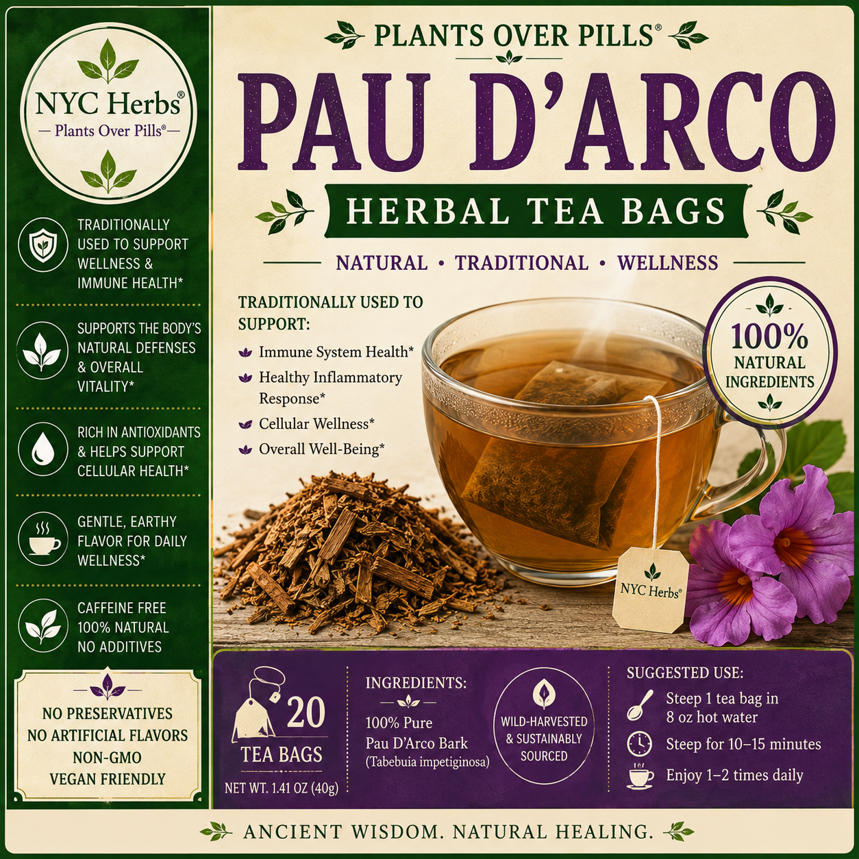 Pau d'Arco Tea Bags | Immune Strength & Fungal Defense