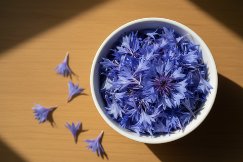 bown of blue cornflower and petals in white bowl areal view