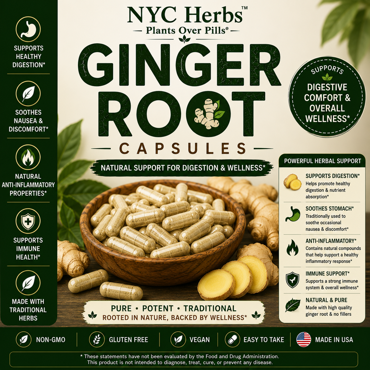 Ginger Root Capsules - 60 Count