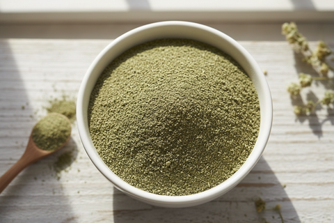 COMFREY LEAF POWDER IN WHITE BOWL AREAL VIEW