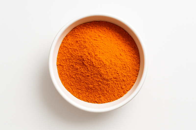 orange powder in round white bown in with white backround, areal view