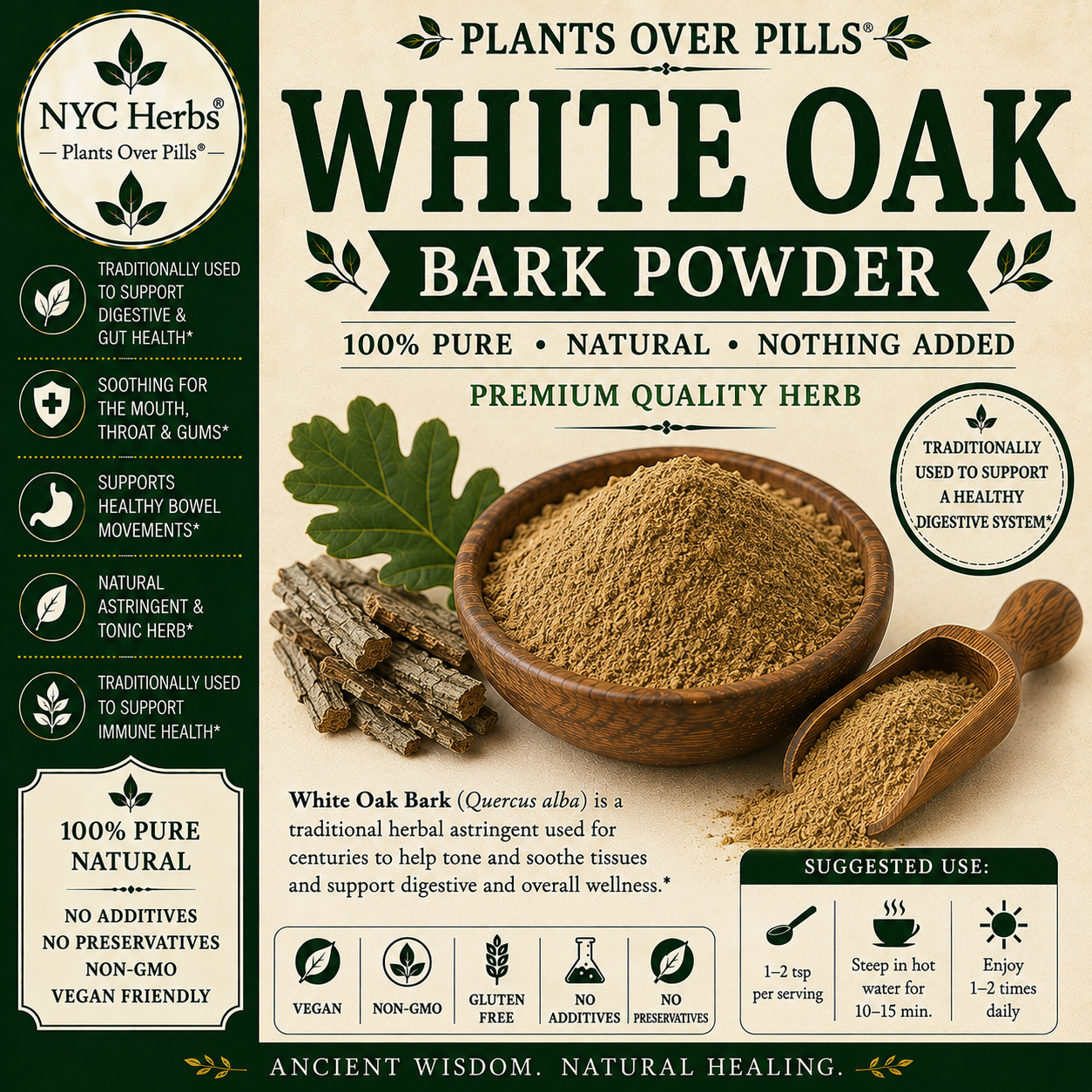 White Oak Bark powder | Astringent Cleanse, Inflammation & Tissue Strength