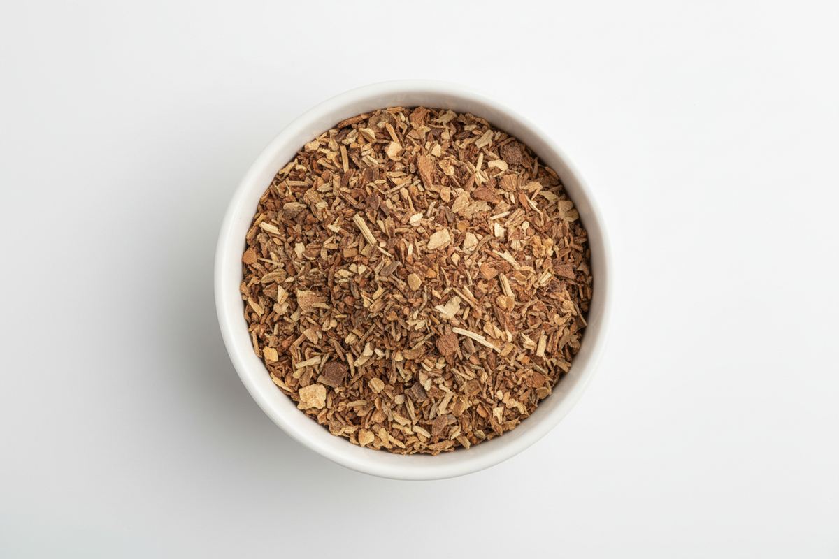 WITCH HAZEL CUT AND SIFTED, IN A WHITE BOWN WHITE BACKROUND FROM AIREAL VIEW